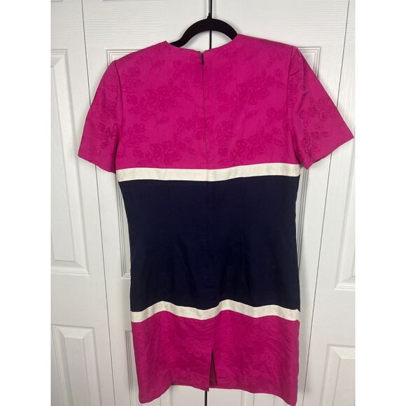 Vintage 80s Pink White Blue Chevron Embossed Floral Sheath Dress 8P Warren - Picture 7 of 7
